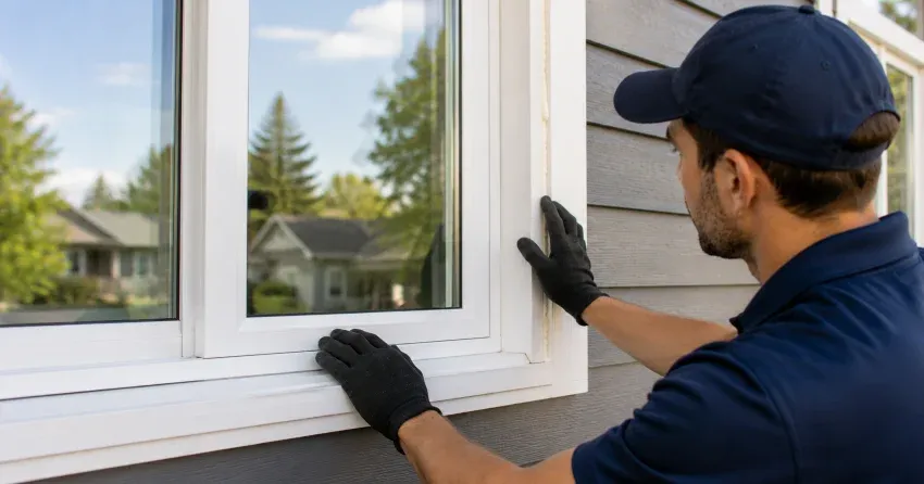 technician comparing full-frame and retrofit window replacement options in King City