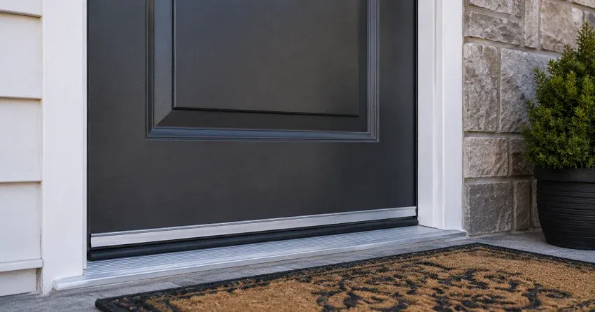 technician replacing worn door weatherstripping in New Scotland, King City home