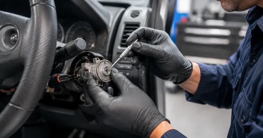 technician diagnosing an ignition lock repair issue in New Scotland, King City