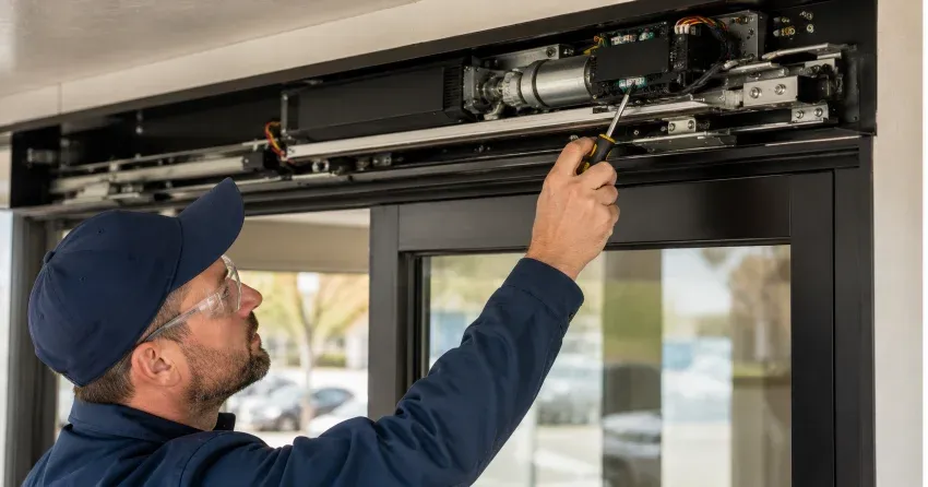 technician completing automatic door repair on residential property in King City