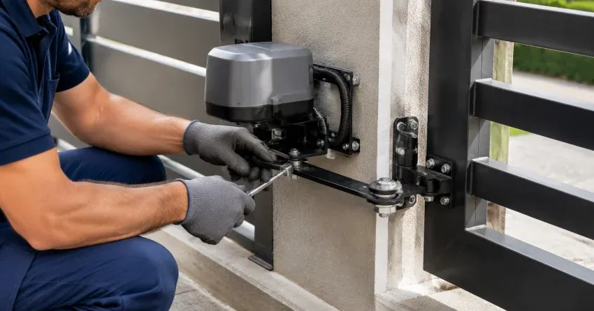technician diagnosing automatic gate motor and control panel in Snowball, King City