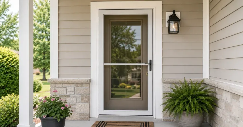 technician hanging storm door square and plumb in King City