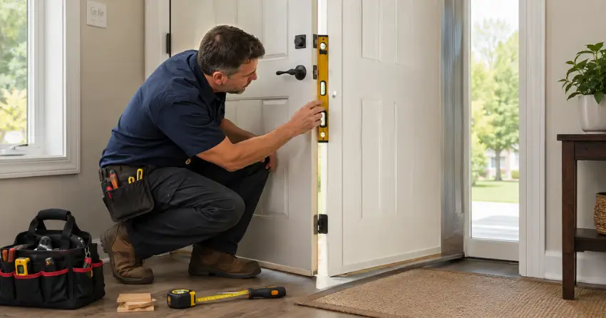 technician diagnosing a misaligned door frame in King, King City