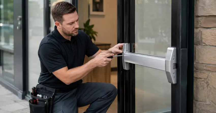 commercial locksmith repairing exit device on storefront door Laskay, King City