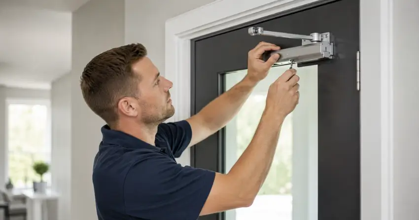 technician adjusting door closer hydraulic valve in King City home