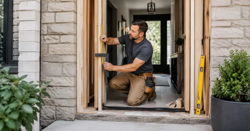exterior door installer assessing rough opening in King City