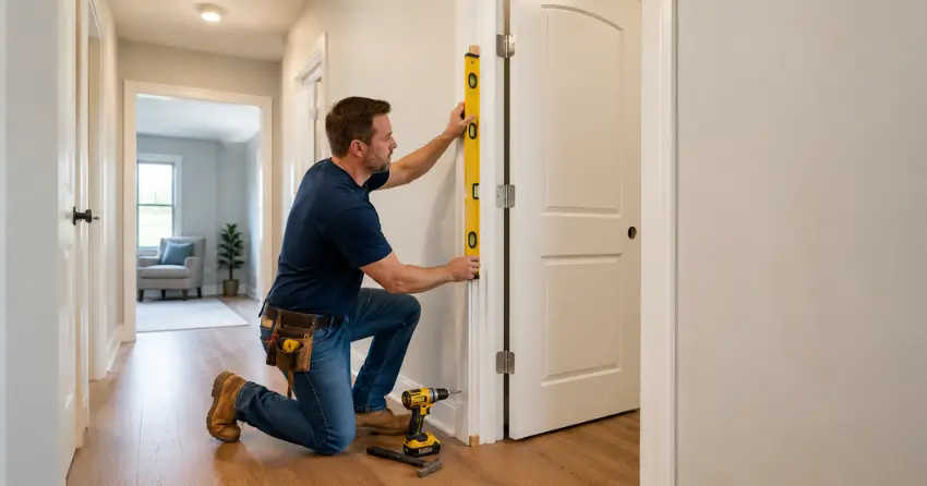 technician installing a pre-hung interior door in a home hallway Lloydtown, King City