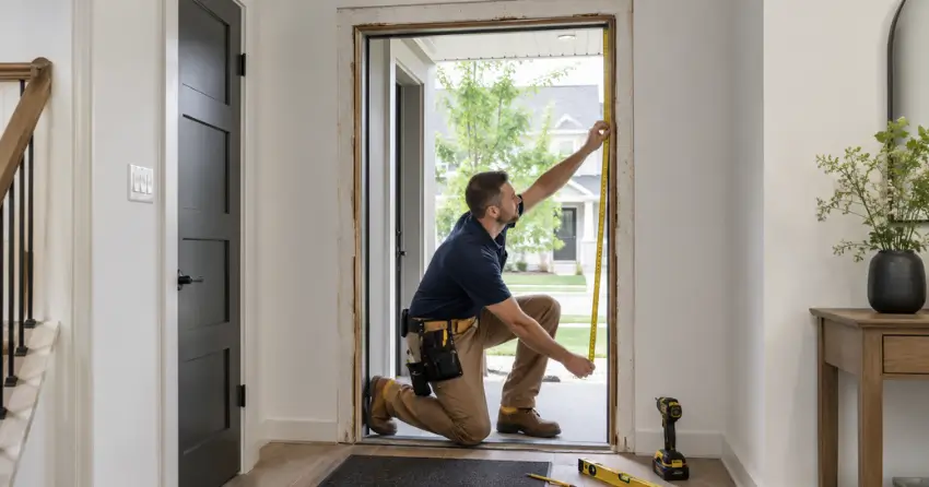 technician measuring a door frame before new door installation in Happy Valley, King City