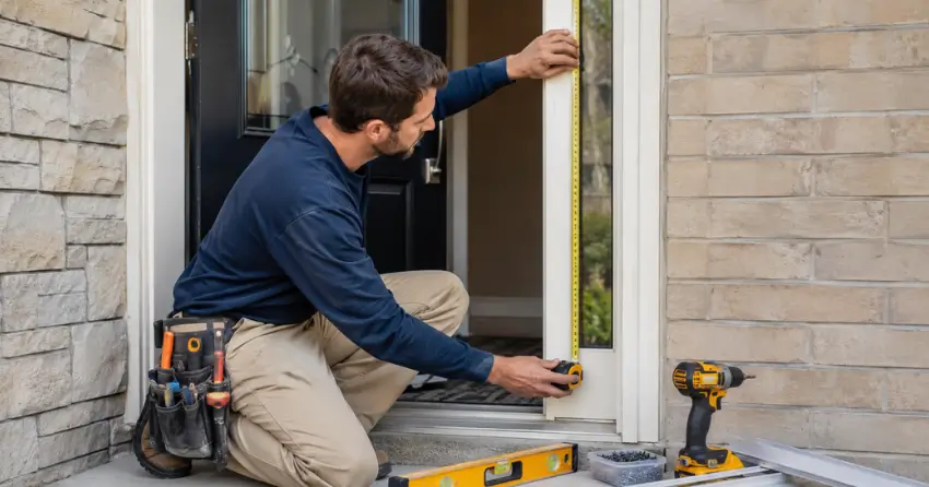 technician measuring door frame before storm door install in Laskay, King City