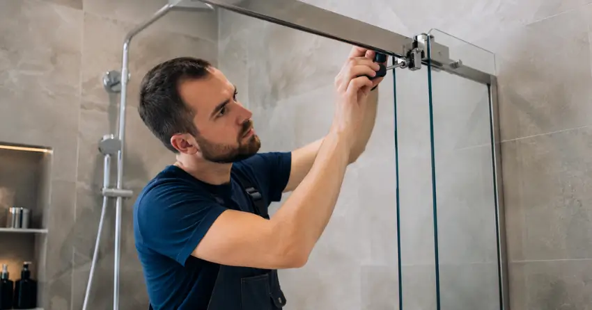 technician adjusting shower door hinge and track in Kinghorn, King City