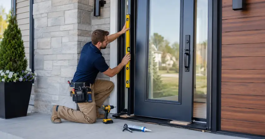 glass outside door installation with energy-efficient double-pane glazing in New Scotland, King City