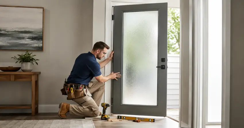 glass panel door installation with frosted privacy glass in residential setting in Kinghorn, King City