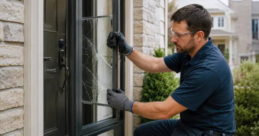 technician removing cracked storm door glass panel in King City