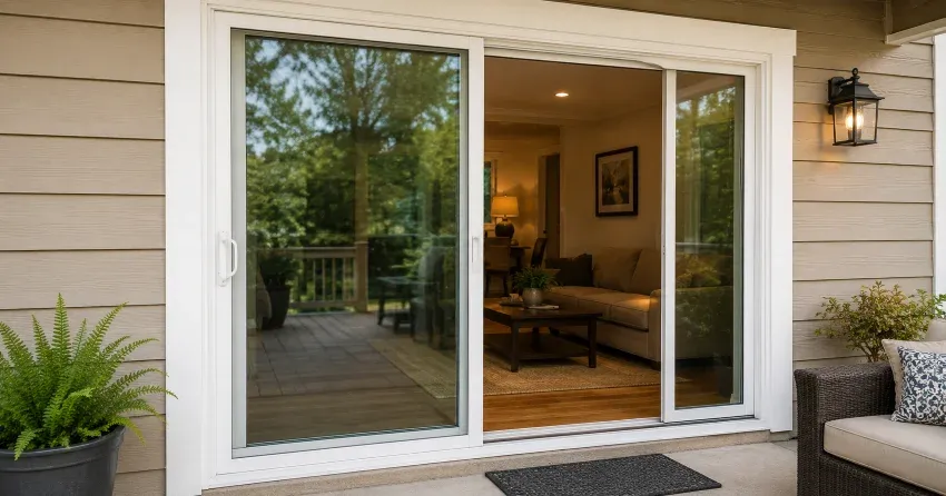 Patio Door Installation technician setting a new frame in Kinghorn, King City