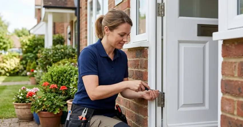 technician repairing exterior door hinge and frame in Holly Park, King City