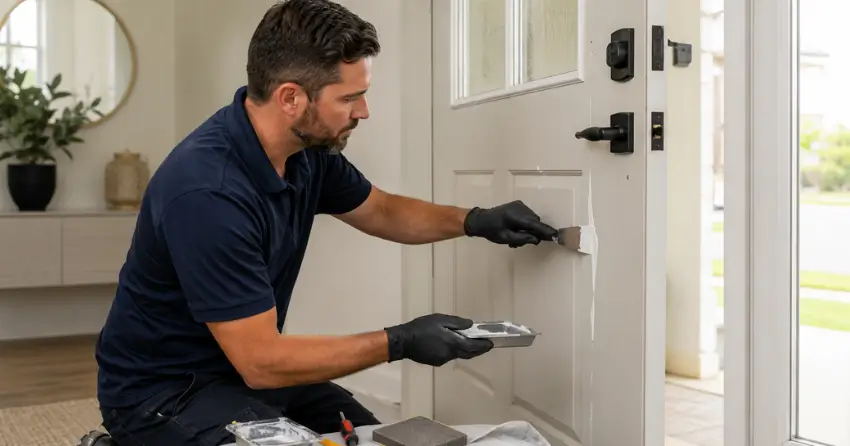 technician repairing fiberglass door surface crack in King City
