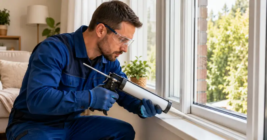 technician repairing window seal and frame in King City