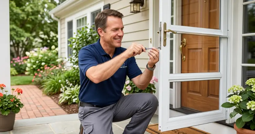 technician adjusting storm door hinge and closer in Snowball, King City