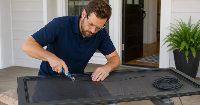 technician replacing screen door mesh and spline in Ansnorveldt, King City